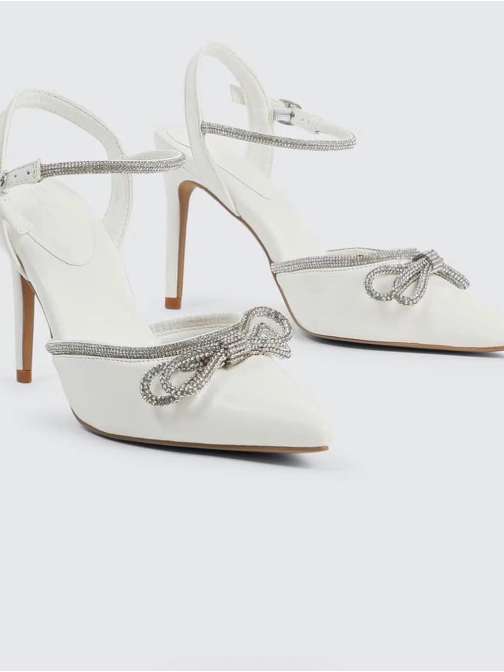 Ardene White Pointed Toe Slingback Heels with Crystal Bow